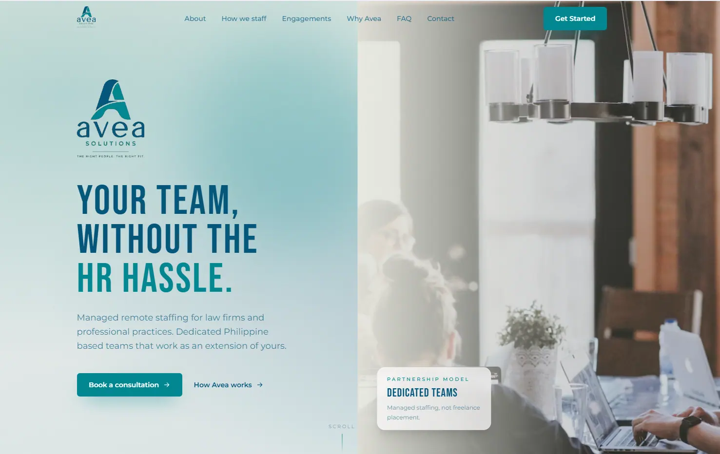 AVEA Solutions homepage with the headline Your Team, Without the HR Hassle.