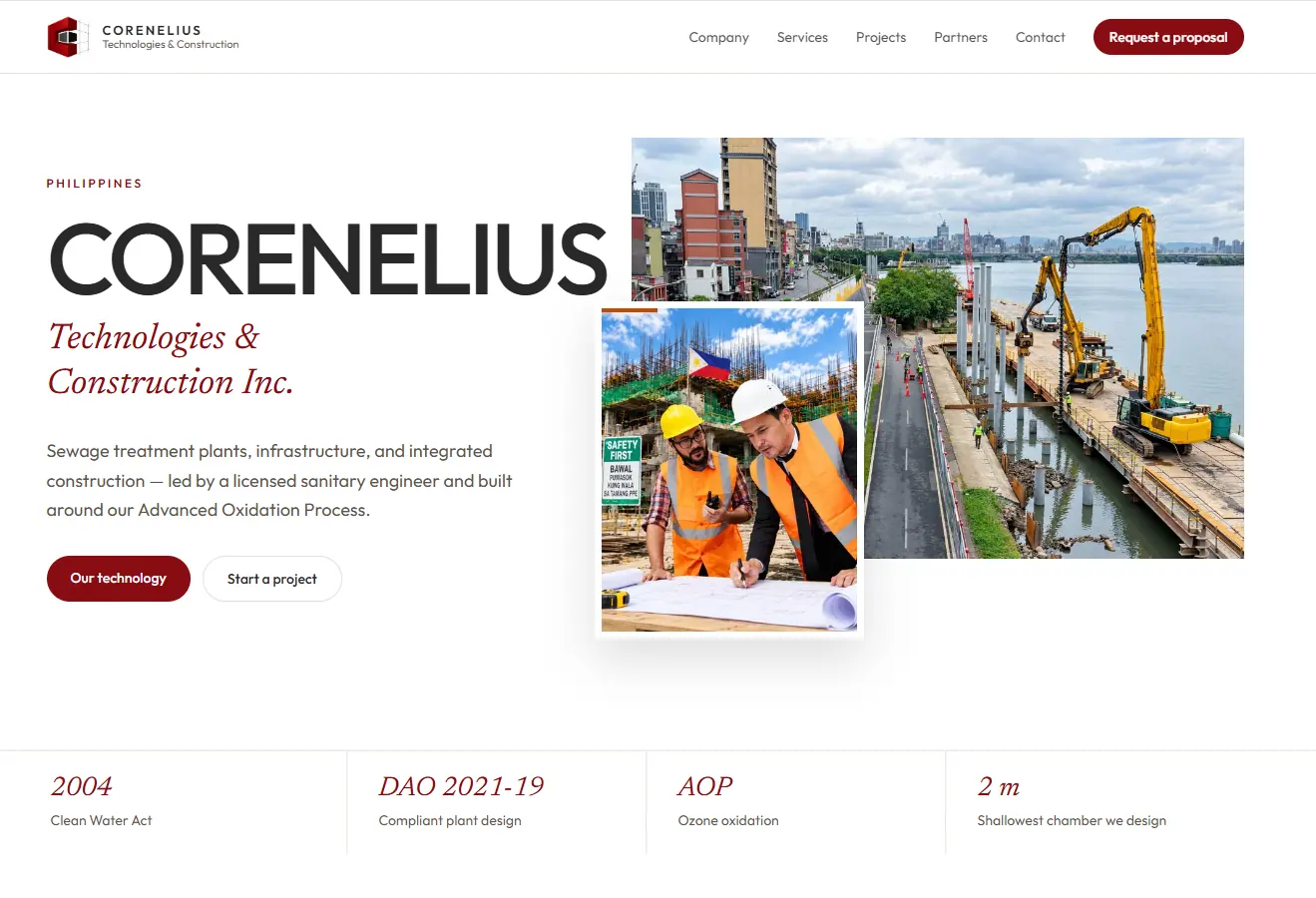 Corenelius Technologies & Construction homepage with infrastructure photography and a proposal request.
