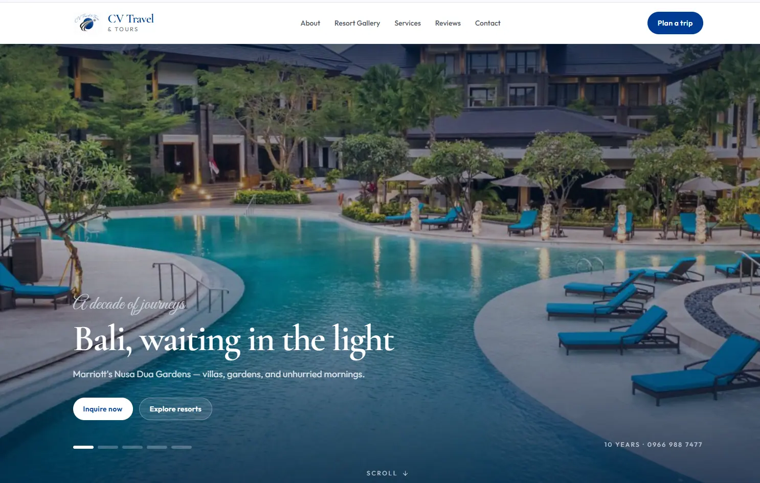 CV Travel & Tours homepage featuring a resort pool and a plan-a-trip action.