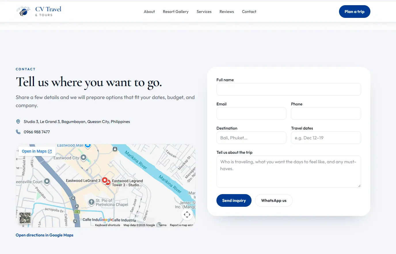 Additional screen from the CV Travel & Tours website.