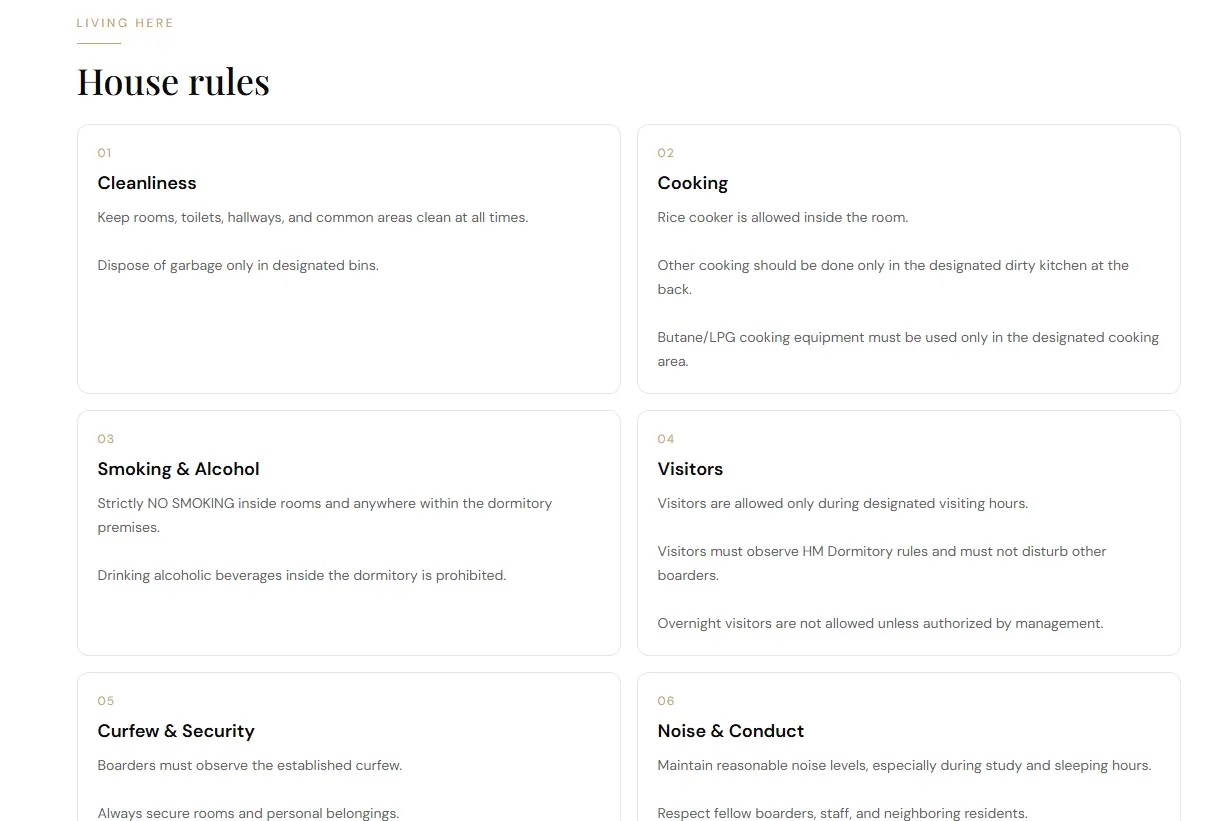 Additional screen from the HM Dormitory website.