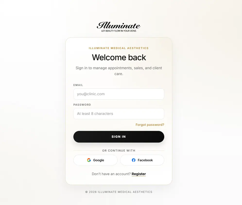 Illuminate staff sign-in screen for managing appointments, sales, and client care.