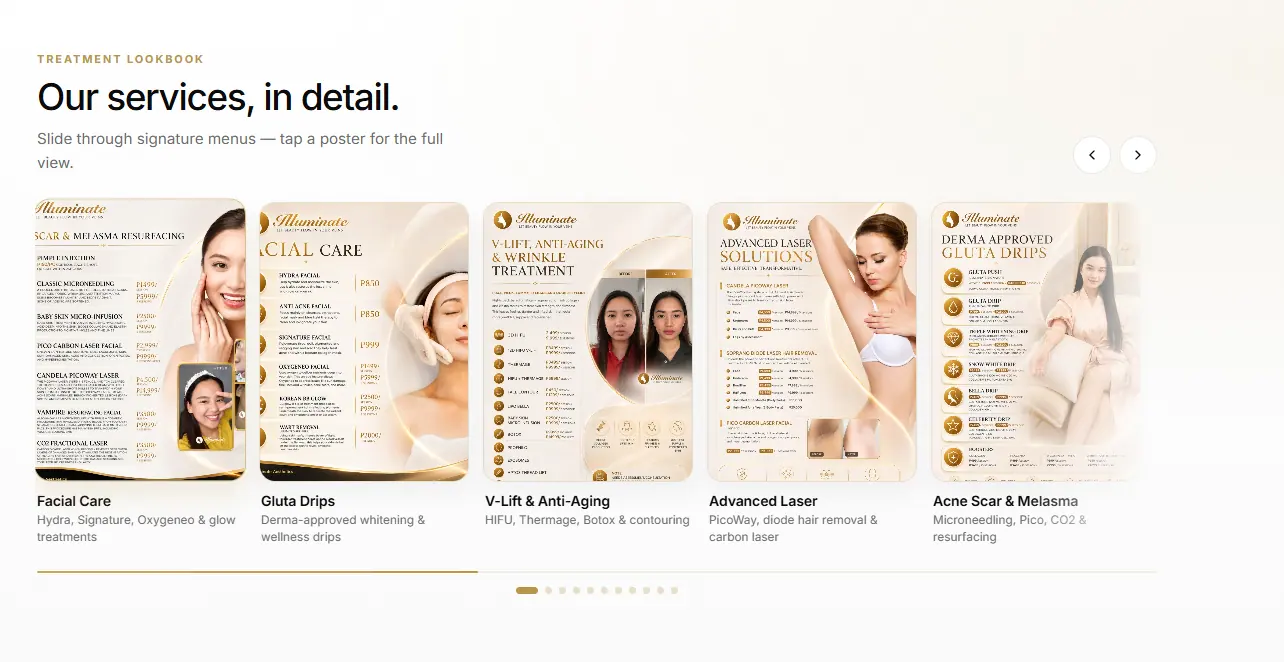 Illuminate treatment lookbook showing facial care, gluta drips, anti-aging, laser, and scar treatments.