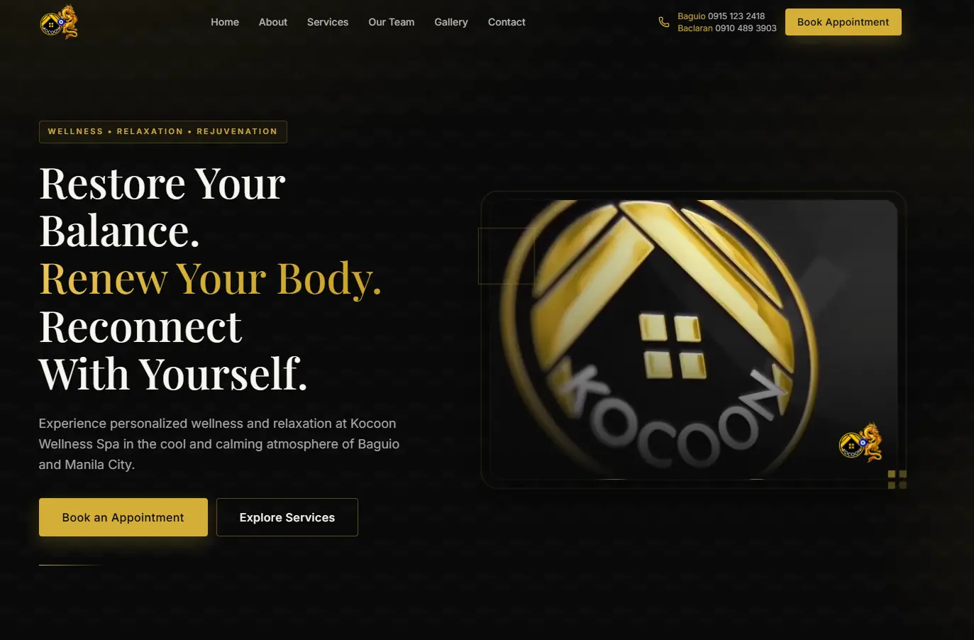 Kocoon Wellness Spa homepage with appointment and services actions.