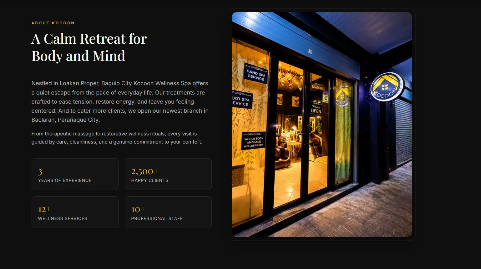 Additional screen from the Kocoon Wellness Spa website.