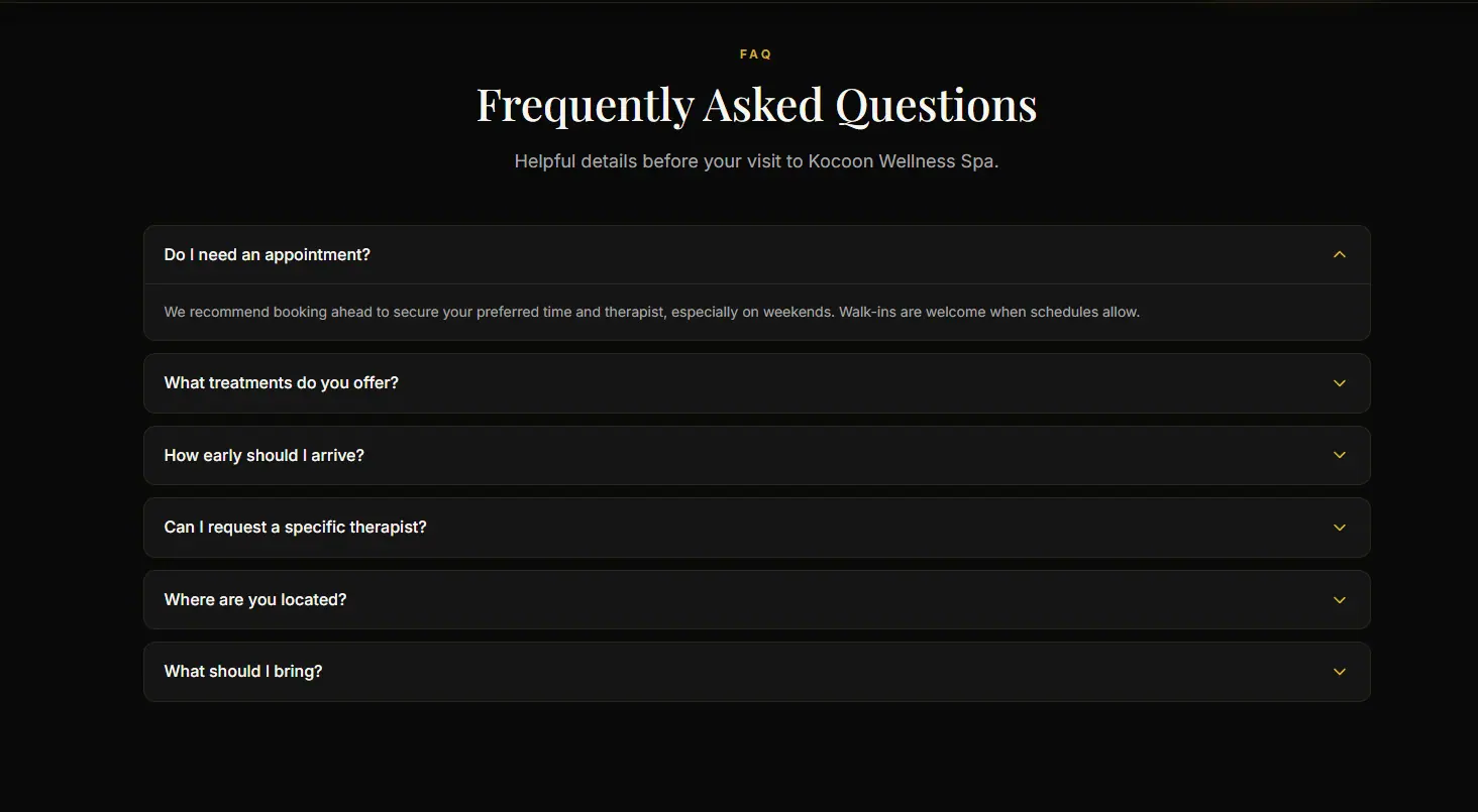 Additional screen from the Kocoon Wellness Spa website.