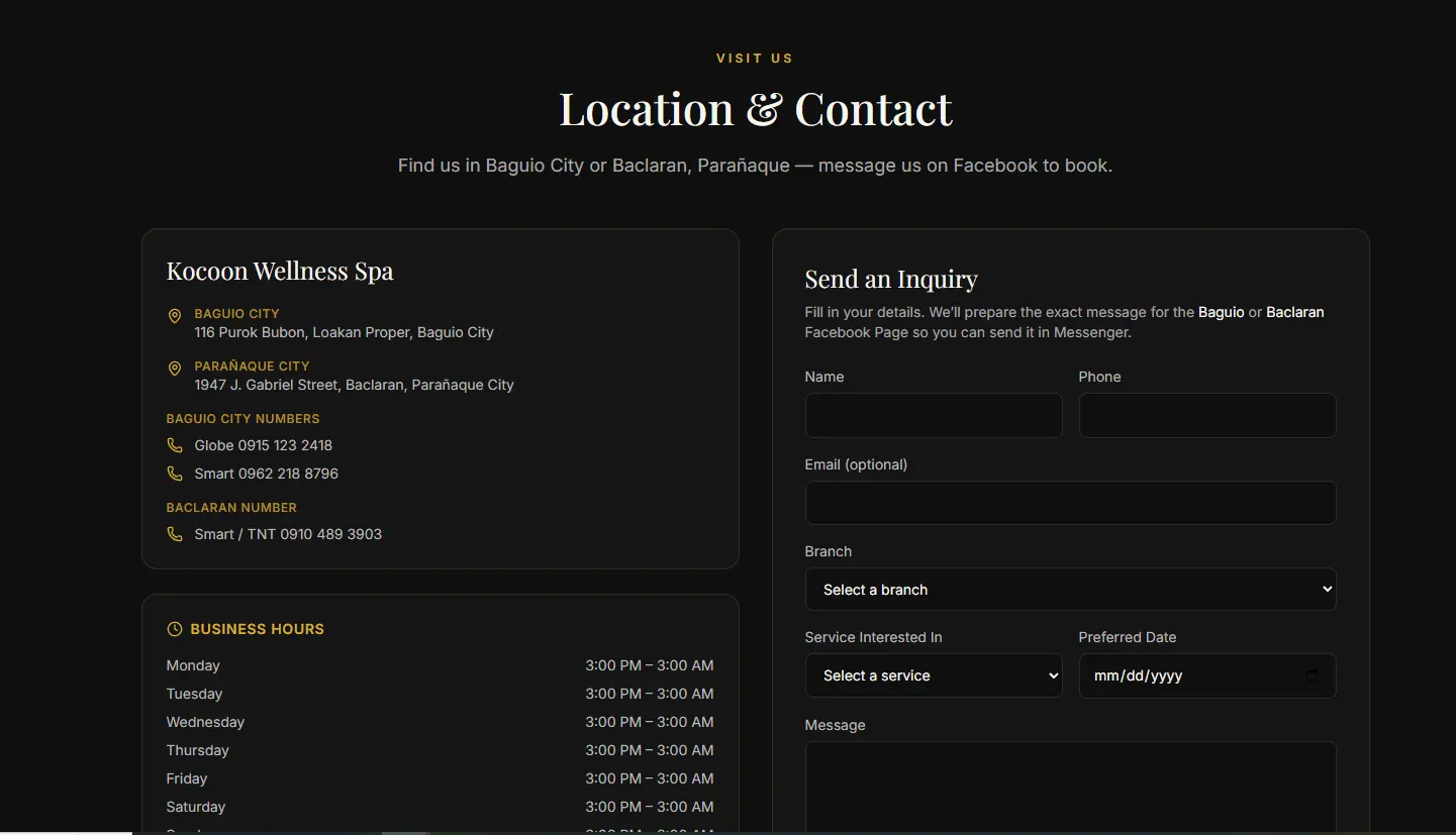 Additional screen from the Kocoon Wellness Spa website.