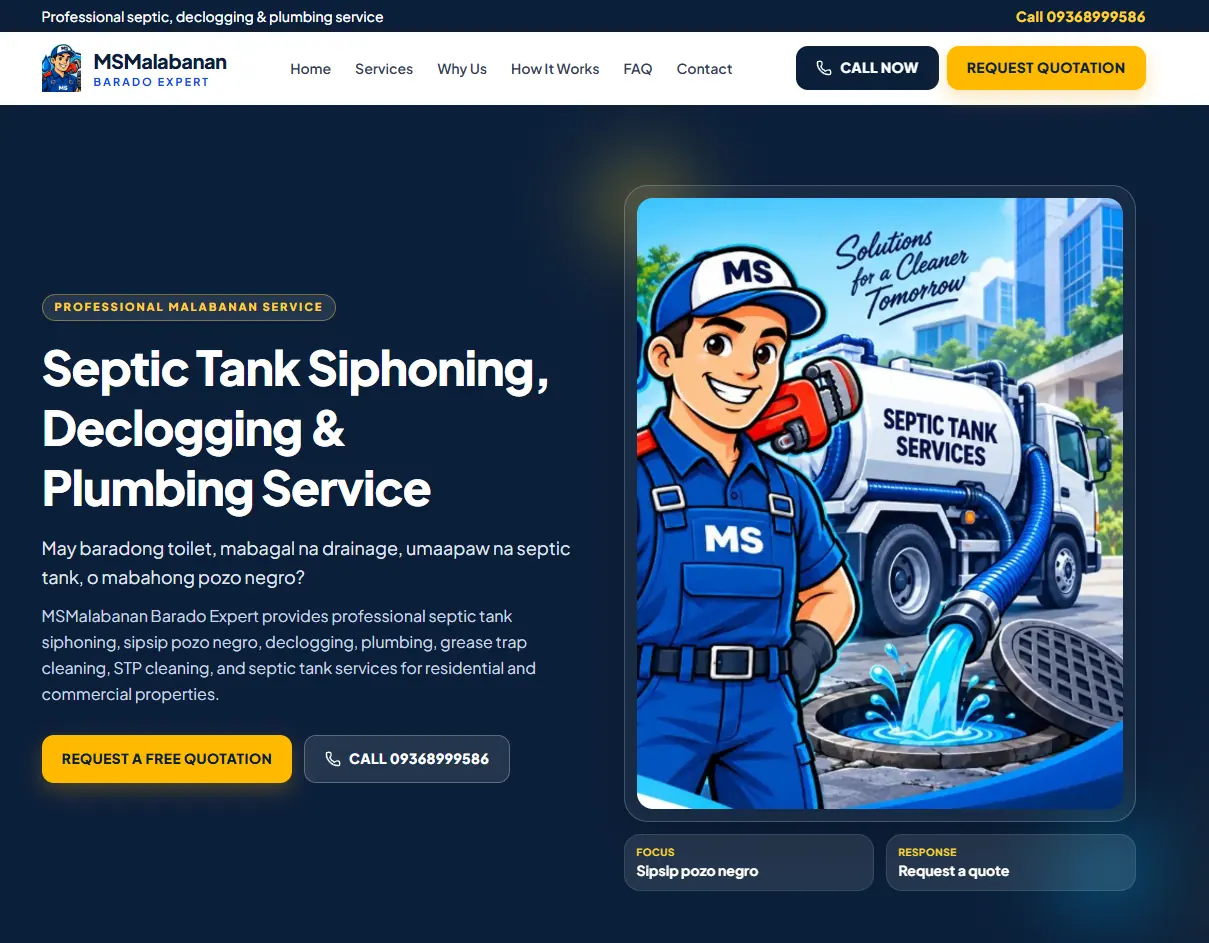 MSMalabanan services homepage for septic tank, declogging, and plumbing work.