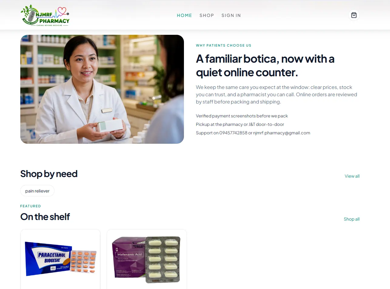 NJMRF Pharmacy shop section with featured medicines and a short explanation of how orders are reviewed and delivered.