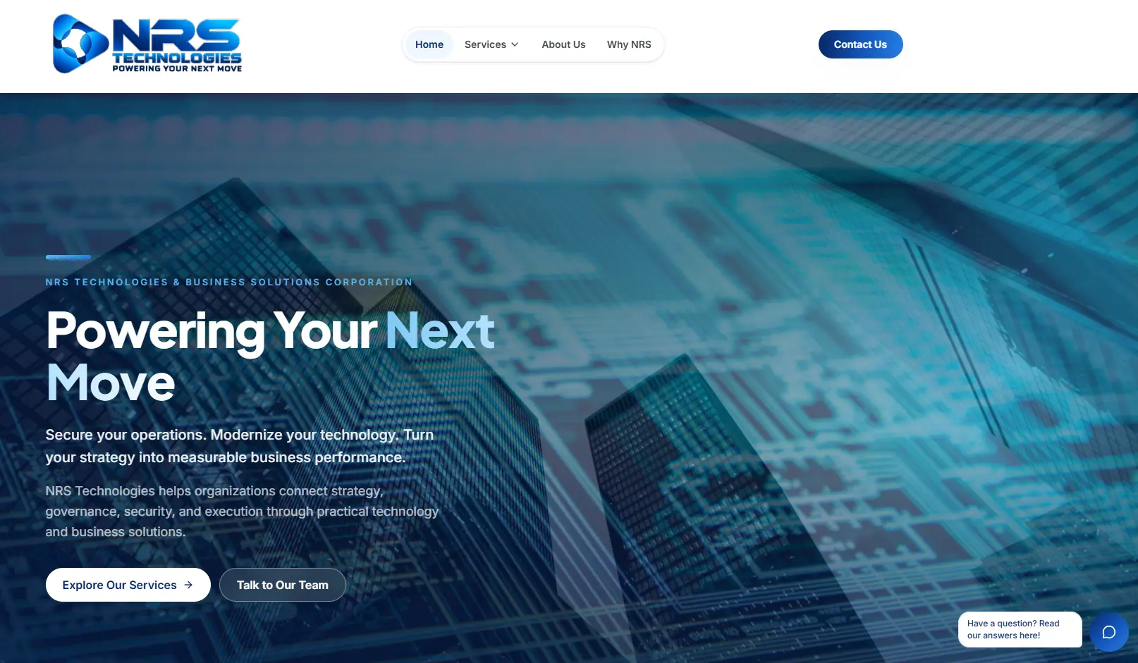 NRS Technologies homepage with the headline Powering Your Next Move.