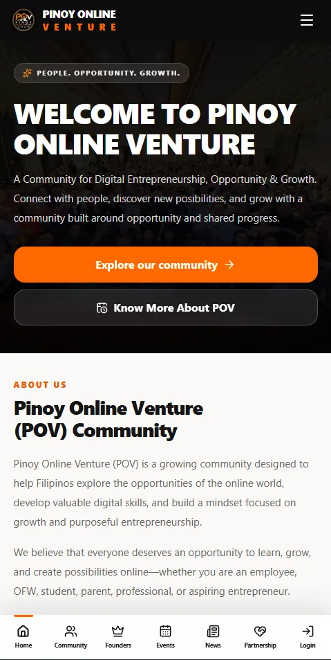 Mobile homepage of Pinoy Online Venture with bottom navigation for community sections.