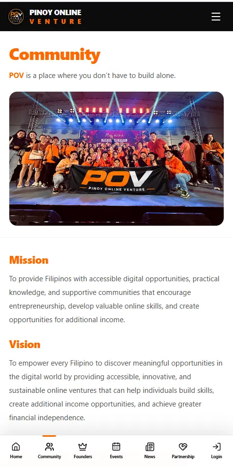 Pinoy Online Venture community page describing the group's mission and vision.
