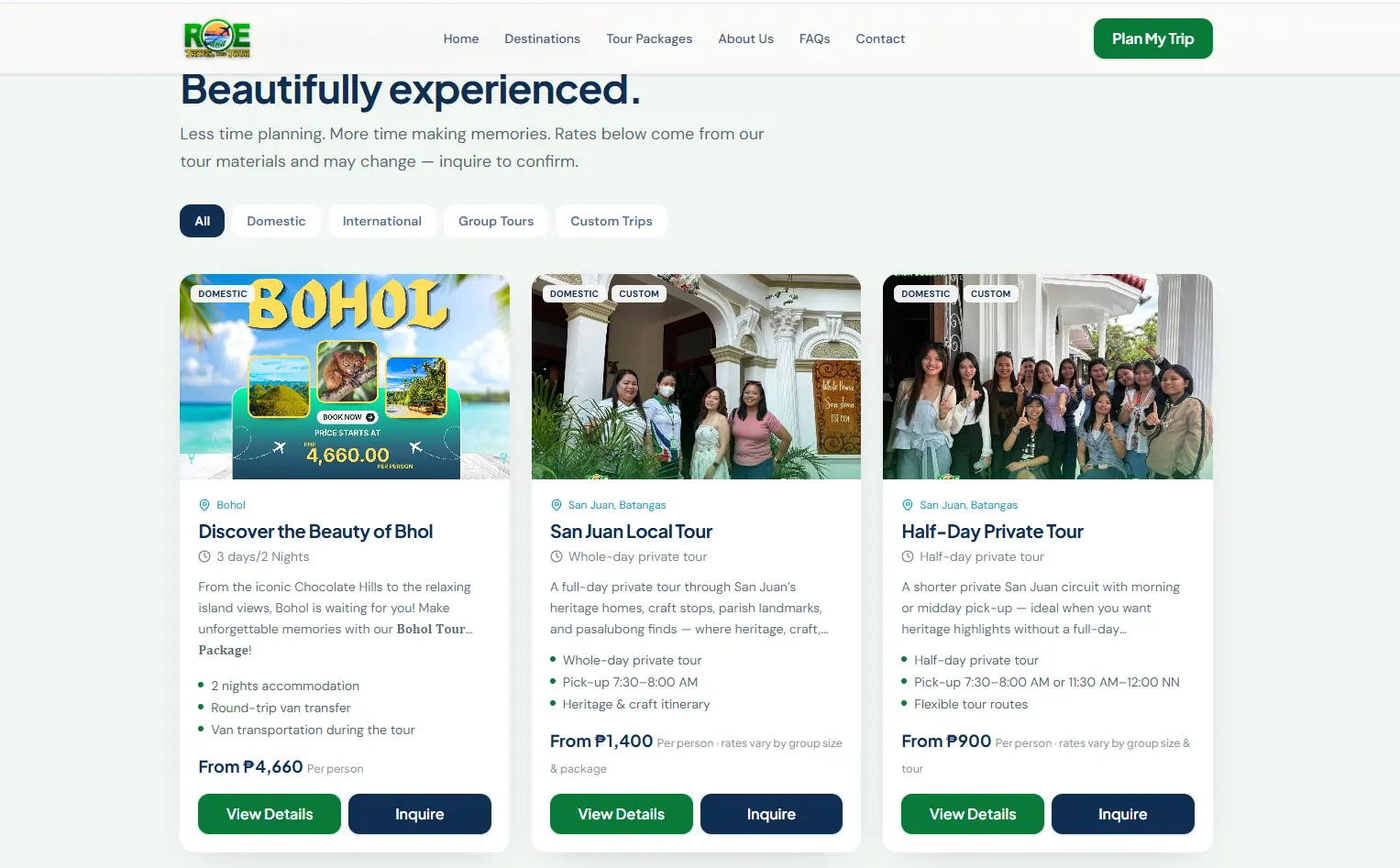 Additional screen from the R and E Travel and Tour website.