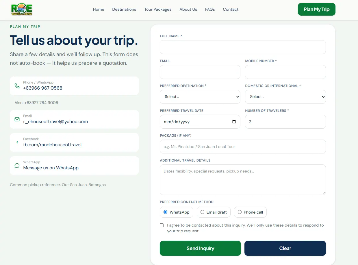 Additional screen from the R and E Travel and Tour website.