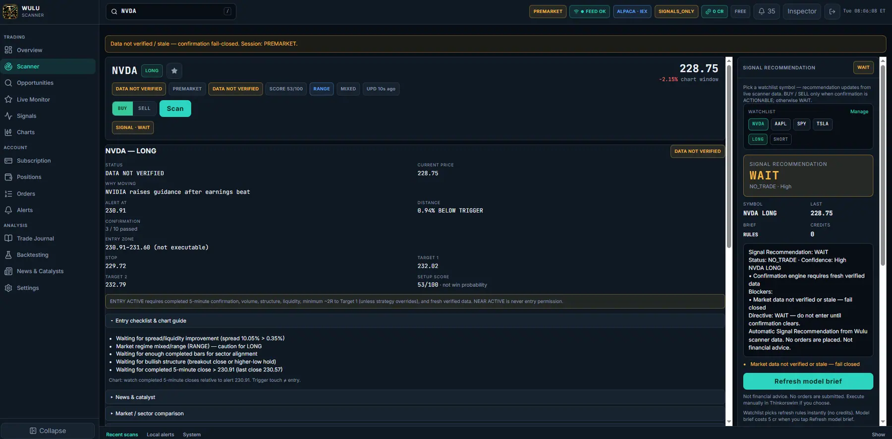 WULU Scanner symbol view with a watchlist and a signal recommendation panel.